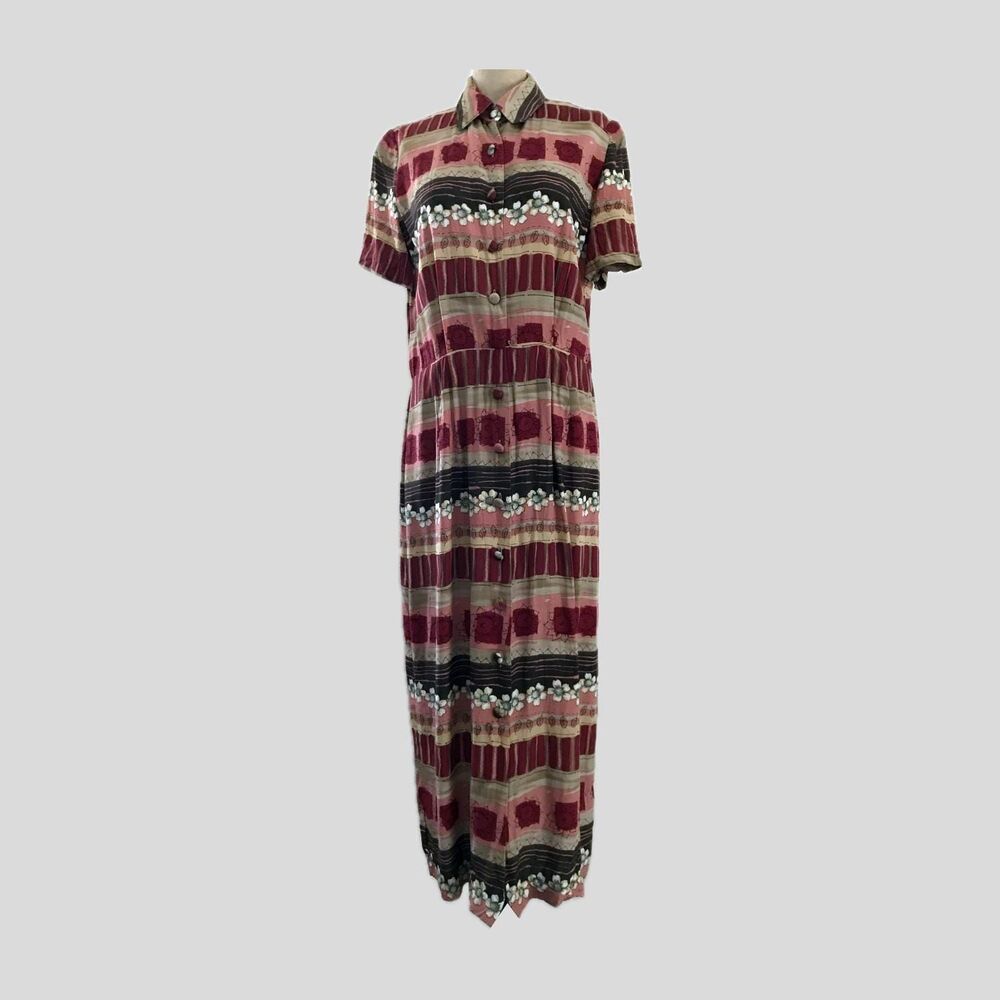Vintage 1990s Pink Geometric Floral Short Sleeve Colorful Midi Dress, Womens M